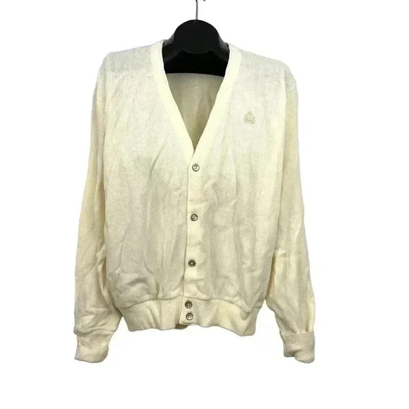 VTG Cream V Neck Cardigan Sweater Men's Large LOGO Grandpa Wear - Picture 1 of 14
